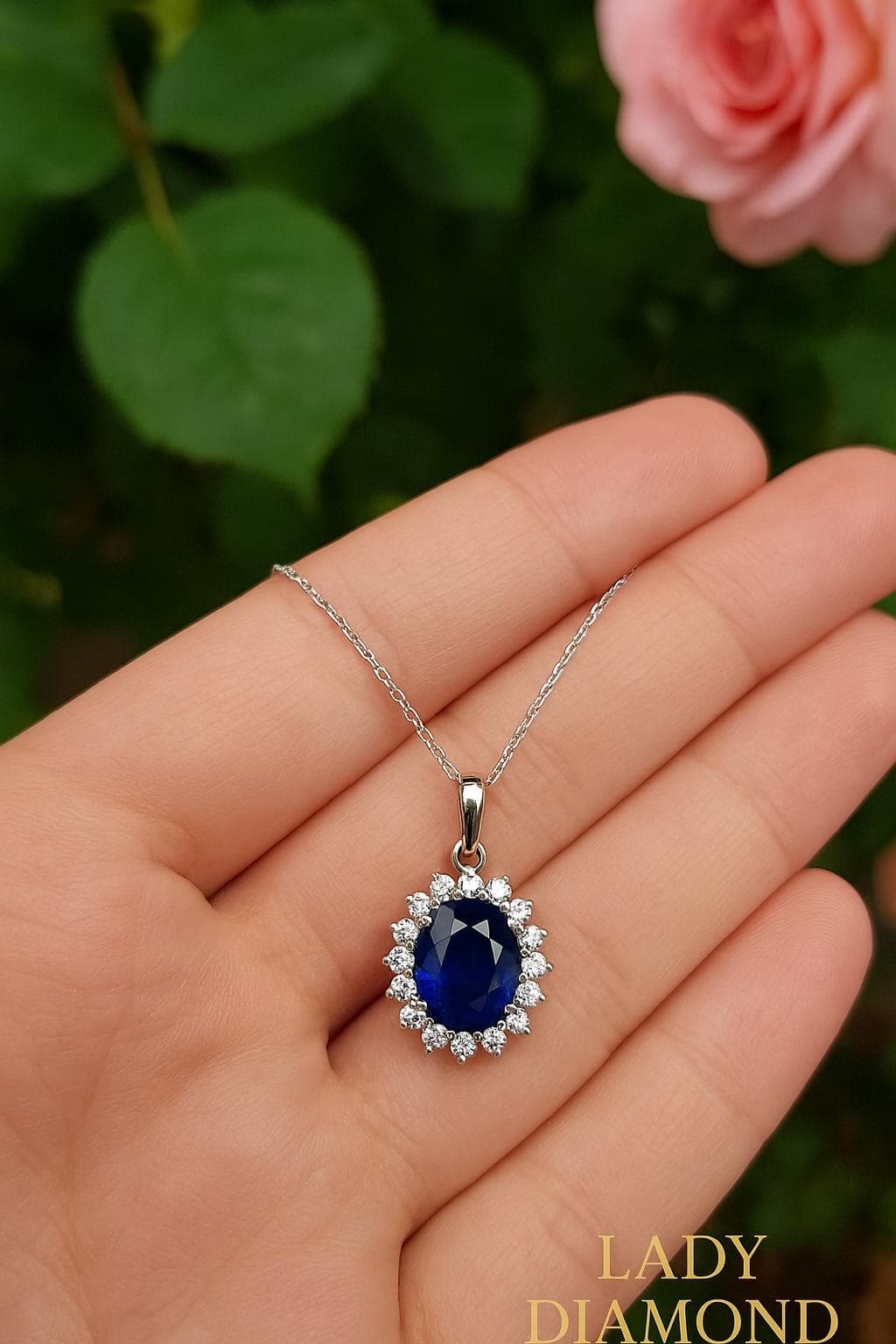 Oval sapphire halo necklace
