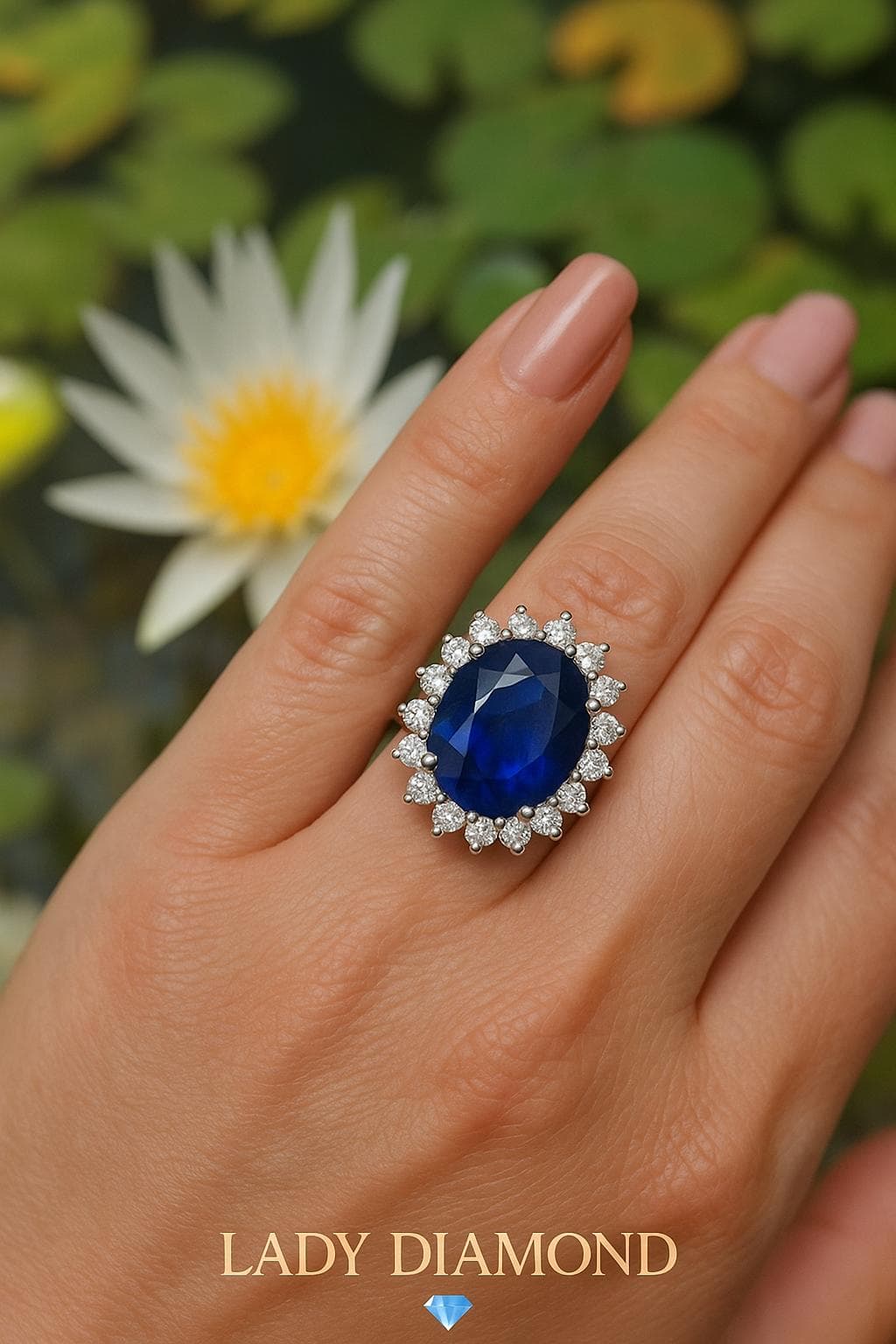 Sapphire cocktail ring with a halo