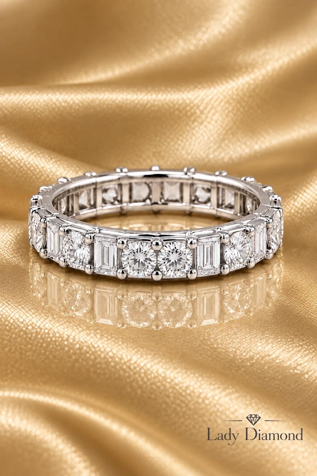 Alternating Round & Emerald-Cut Diamond Eternity Ring — White Gold