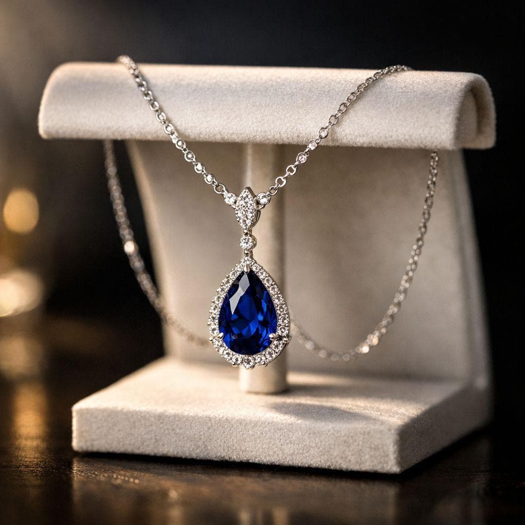 Sapphire pendant necklace on a stand